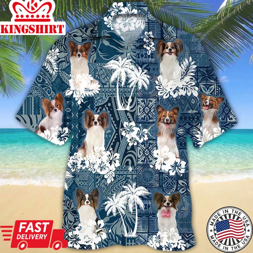 Papillon Trendy Hawaiian Shirt, Floral Dog Short Sleeve Hawaiian Aloha Shirt, Summer Trendy Hawaiian Shirt For Men, Women