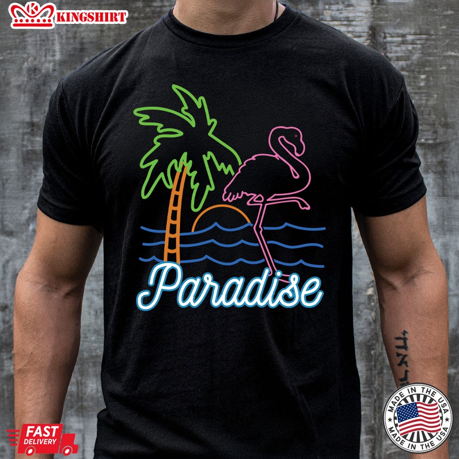 Paradise Flamingo Palm Tree Retro Neon T-Shirt