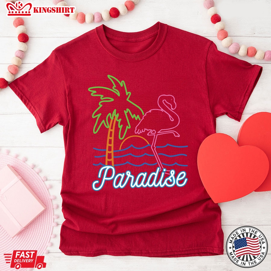 Paradise Flamingo Palm Tree Retro Neon T-Shirt