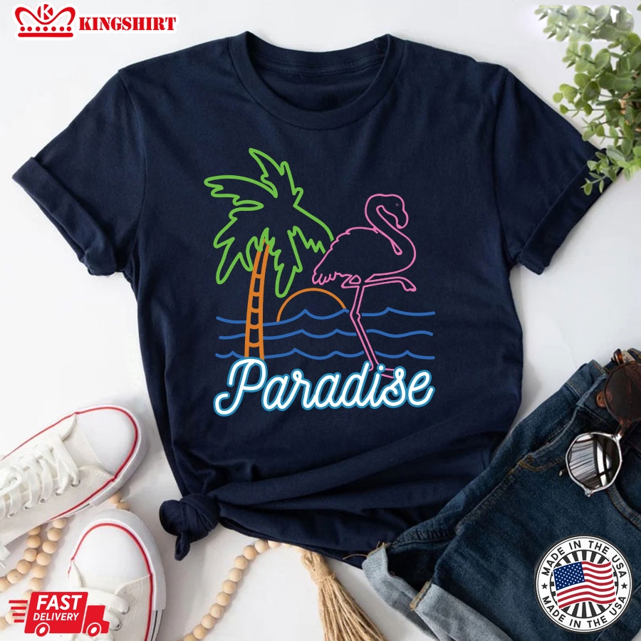 Paradise Flamingo Palm Tree Retro Neon T-Shirt