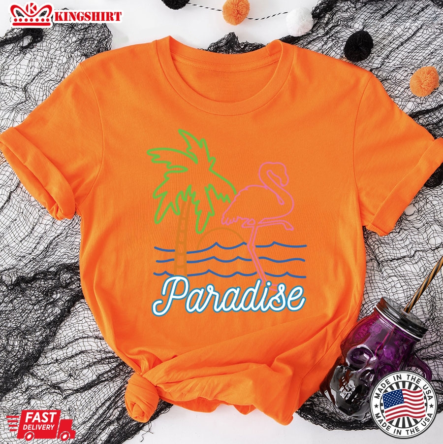 Paradise Flamingo Palm Tree Retro Neon T-Shirt