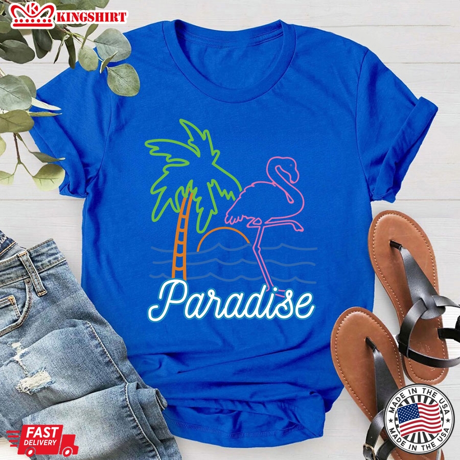 Paradise Flamingo Palm Tree Retro Neon T-Shirt