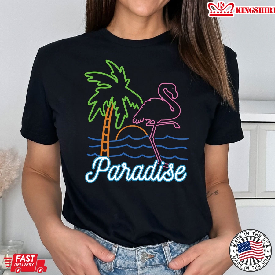 Paradise Flamingo Palm Tree Retro Neon T-Shirt