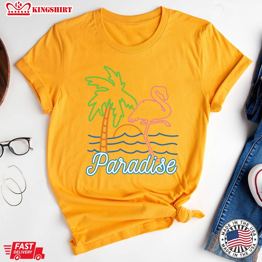 Paradise Flamingo Palm Tree Retro Neon T-Shirt