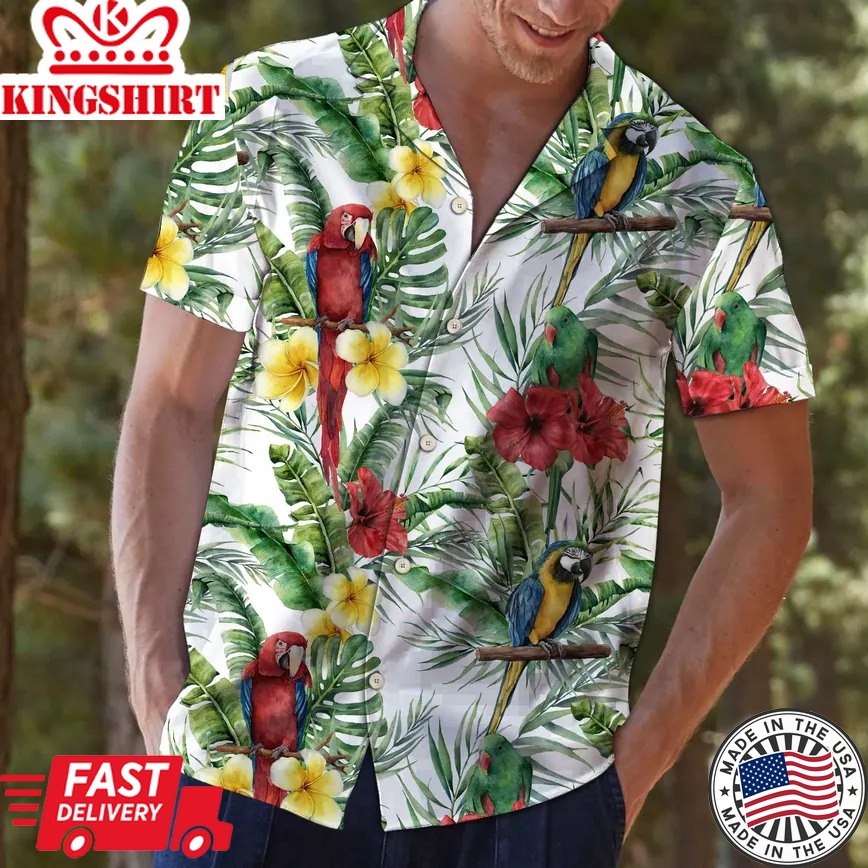 Parrot Hibiscus Flowers Tropical Trendy Hawaiian Shirt, Parrot Lover Trendy Hawaiian Shirt For