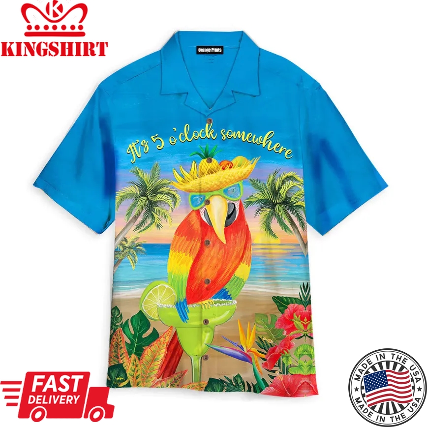 Parrot It's 5 O'Clock Somewhere Who Cares Aloha Trendy Hawaiian Shirts For Men & For Women