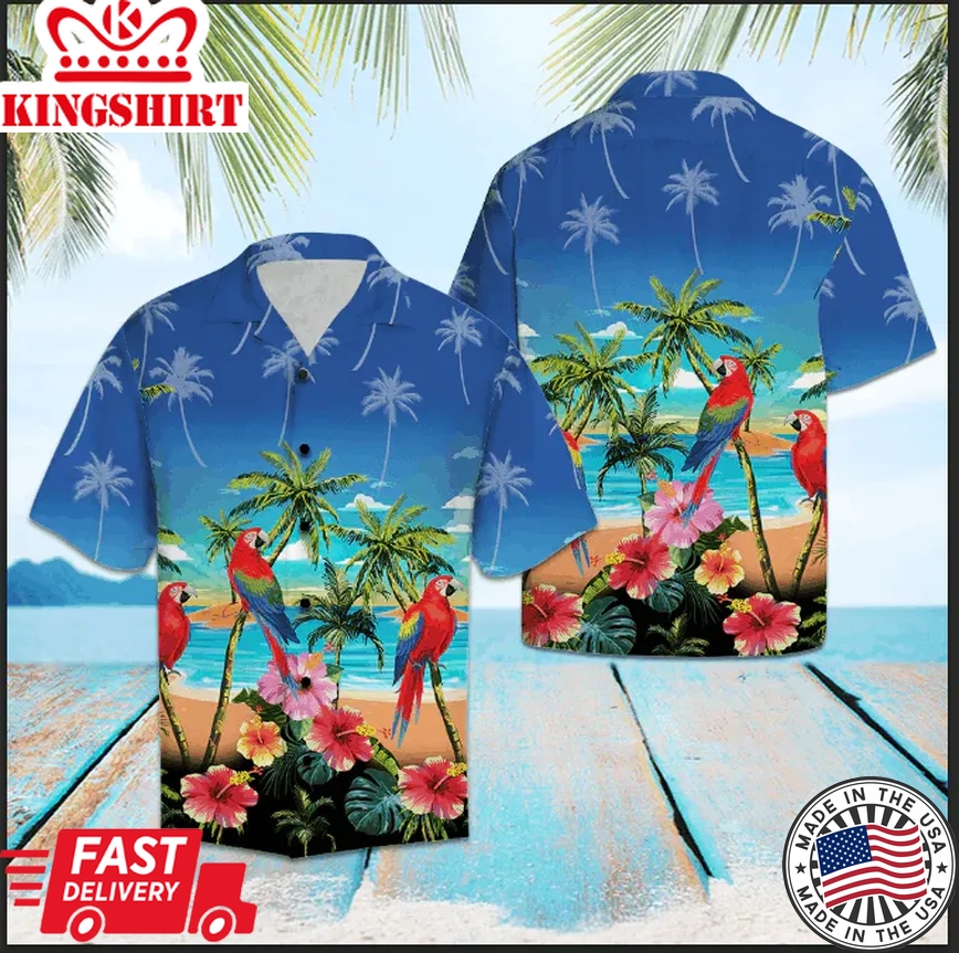 Parrot Ocean Palm Tree Trendy Hawaiian Shirt, Parrot Lover Trendy Hawaiian Shirt For