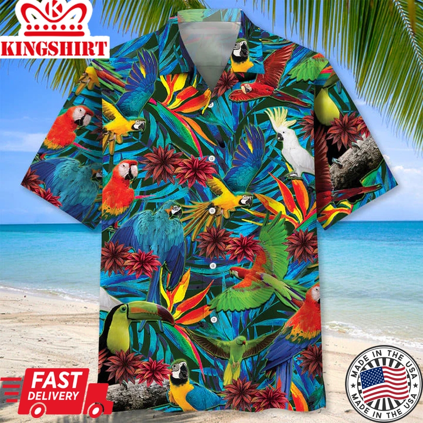 Parrot Tropical Trendy Hawaiian Shirt, Men's Unisex Summer Beach Casual Short Sleeve Summer Vacation Beach Shirts