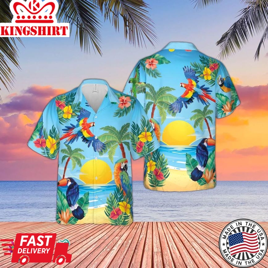 Parrots Coconut Hawaiian Shirts, Parrots Lovers Shirt, 3D Sunset Hawaiian Aloha Shirt, Coconut Summer Shirt, Beach Party Vacation Shirt