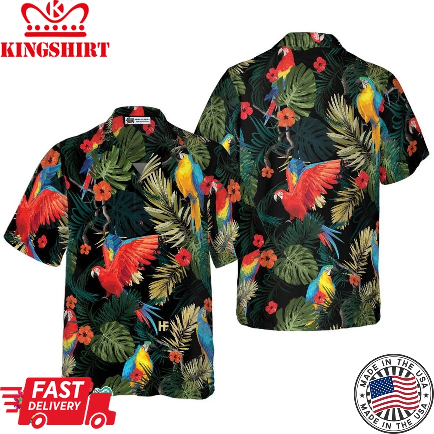 Parrots Dark Tropical Pattern Hawaiian Shirt