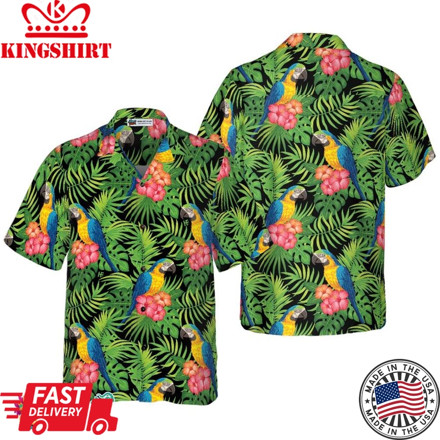 Parrots Hibiscus And Palm Leaves Hawaiian Shirt