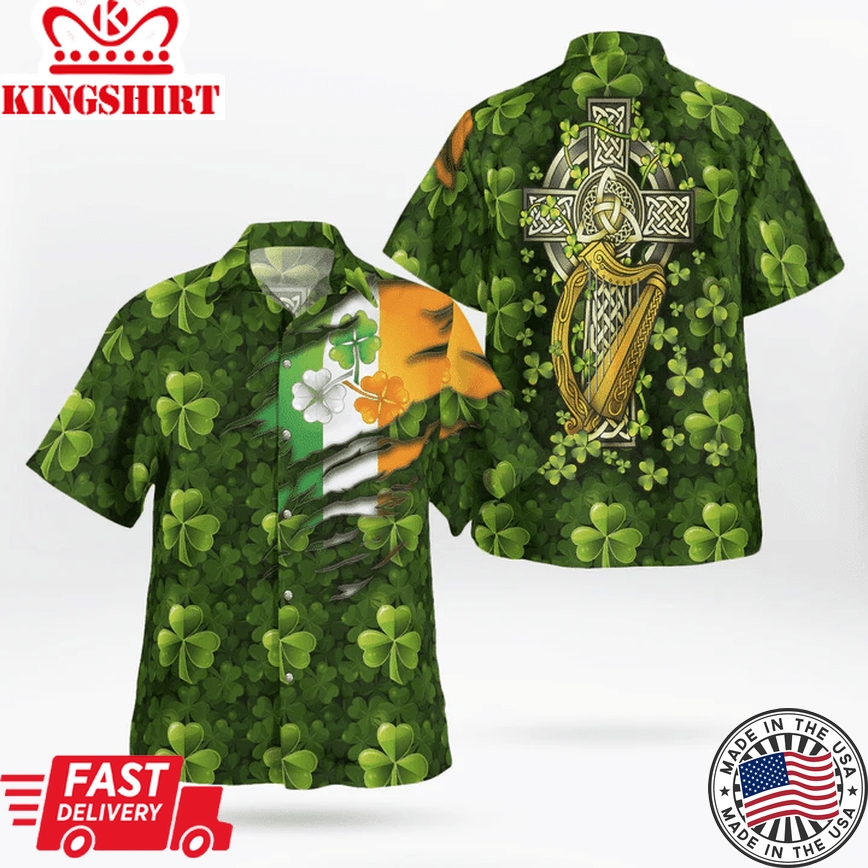 Patrick's Day Trendy Hawaiian Shirt, Patrick's Day Flag And Item Green Clover Background Hawaii Shirt