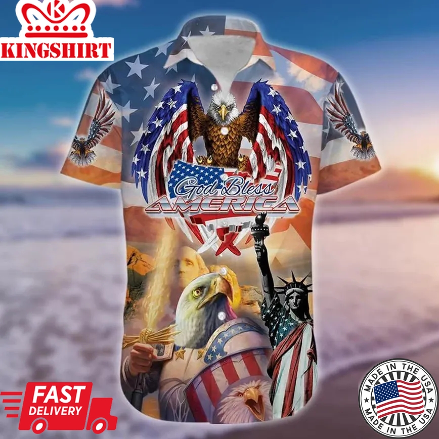 Patriot 4Th Of July Hawaii Shirt God Bless America American Flag Eagle Statue Of Liberty Hawaiian Aloha Shirt