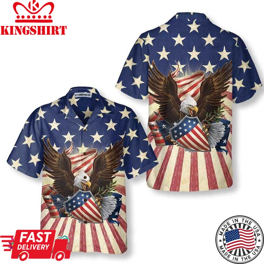 Patriotic Eagle Defending Honor And America Hawaiian Shirt, American Flag Button-Down Shirt