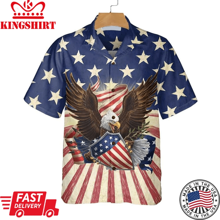 Patriotic Eagle Defending Honor And America Trendy Hawaiian Shirt, American Flag Button-Down Shirt