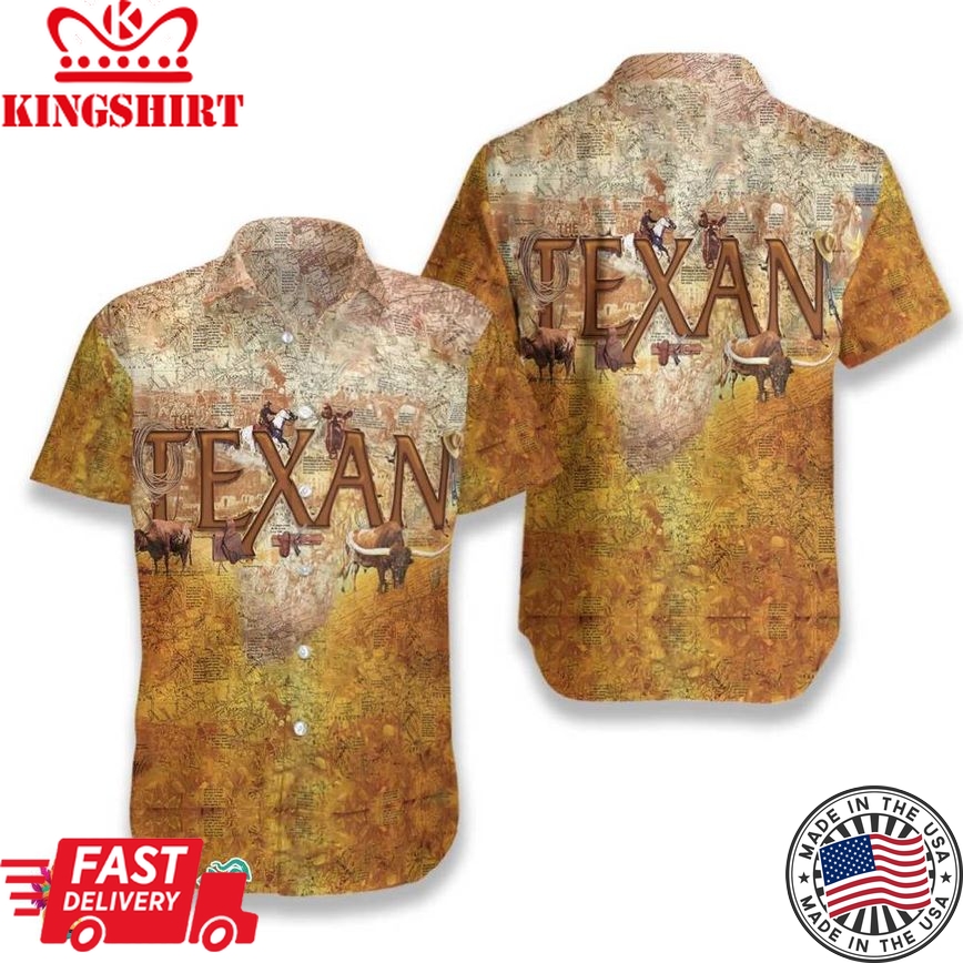 Patriotic Texas Hawaiian Shirt For Texan, Unique Longhorns And Map Pattern Texas Home Shirt, Proud Texas Shirt For Men