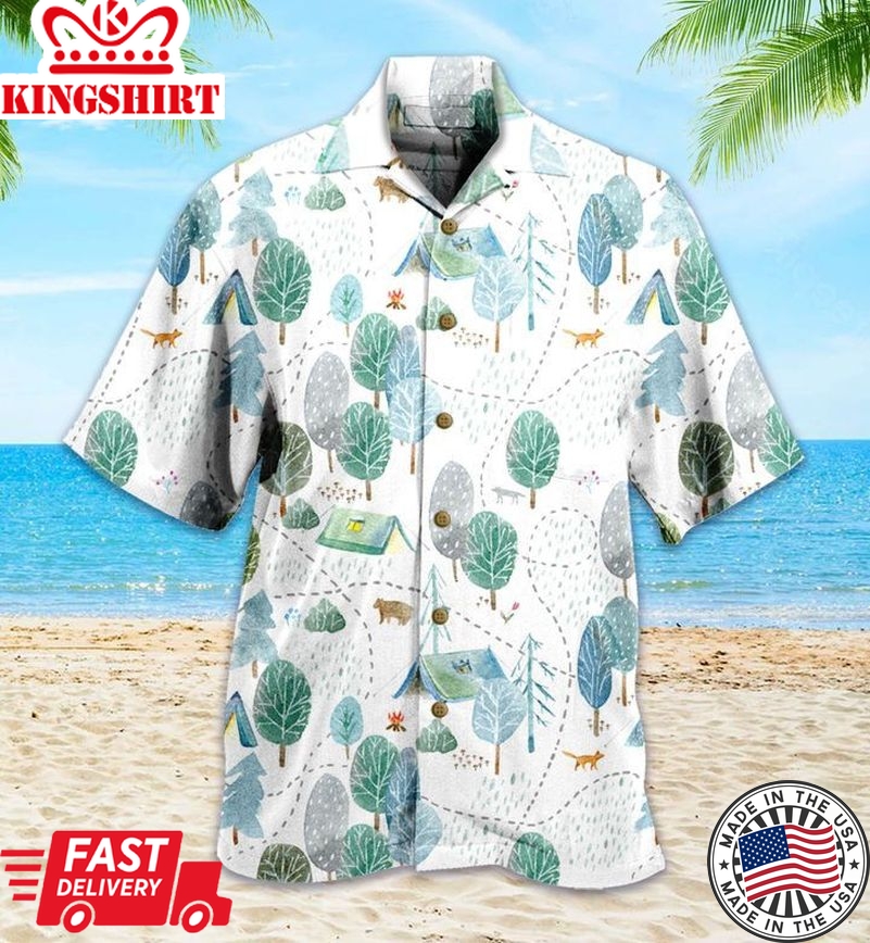 Pattern Camping Road Fox Wolf Bear Woods Trees Grey Trendy Hawaiian Shirt 3D, Fox Lover Trendy Hawaiian Shirt For Summer Gifts