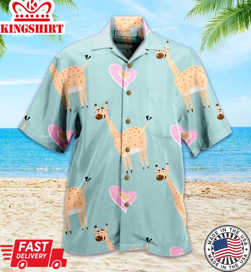 Pattern Cute Giraffe Heart Green Trendy Hawaiian Shirt 3D Summer Gifts