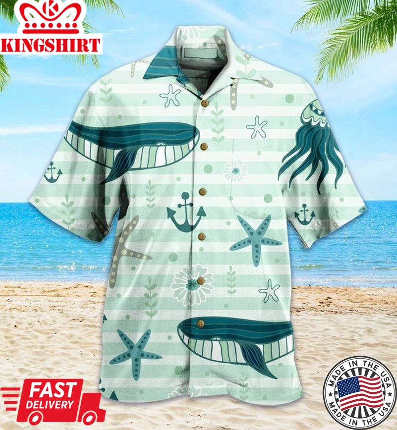 Pattern Cute Whales Jellyfishes Green Trendy Hawaiian Shirt 3D Summer Gifts