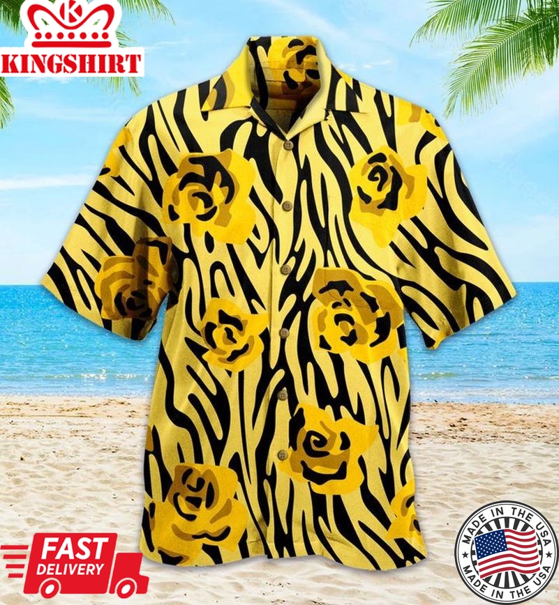 Pattern Made Roses Buds Zebra Yellow Trendy Hawaiian Shirt 3D