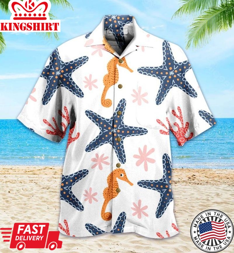 Pattern Seahorse Starfish Corals White Trendy Hawaiian Shirt 3D, Coral Trendy Hawaiian Shirt For Summer Gifts