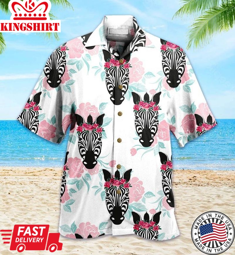 Pattern Wild Animal Zebra Floral White Trendy Hawaiian Shirt 3D