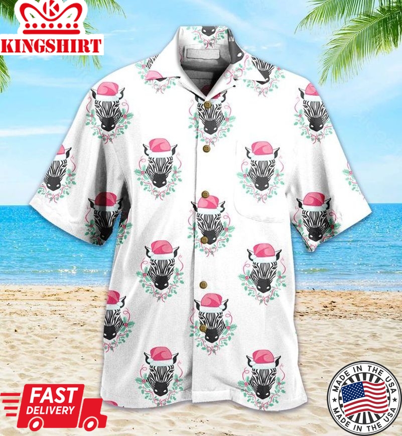 Pattern Zebra Santa Claus Hat White Trendy Hawaiian Shirt 3D