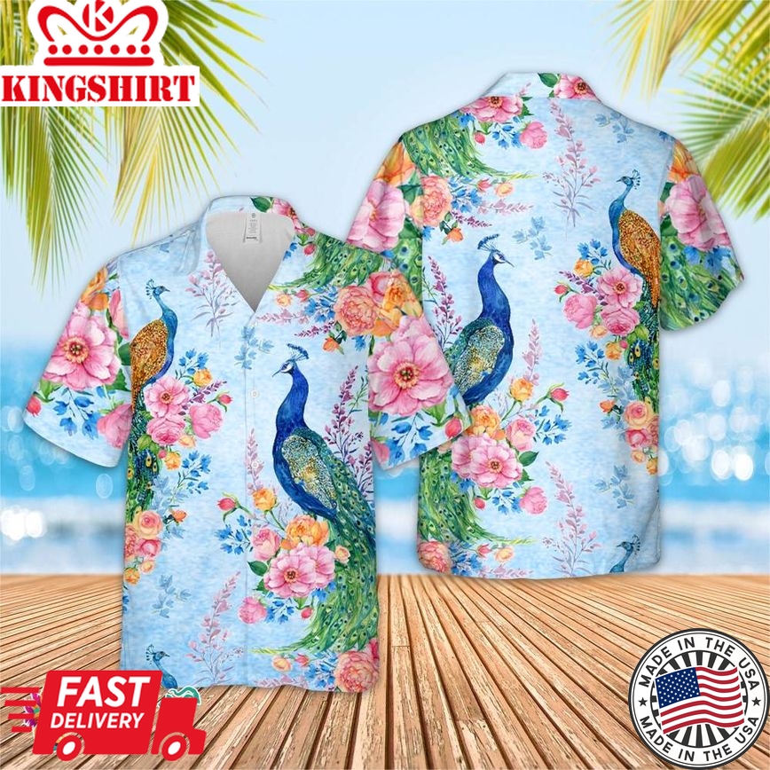 Peacock Flower Hawaiian Royal Hawaiian Hawaiian Shirt, Short Sleeve Hawaiian Aloha Shirt, Peacock Shirt, Flower Birthday Hawaiian