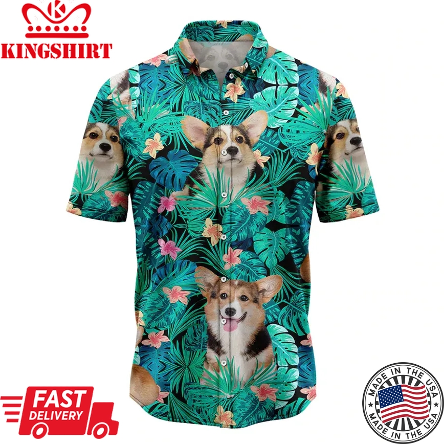 Pembroke Welsh Corgi Tropical Trendy Hawaiian Shirt, Summer Gift, Trendy Hawaiian Shirts For Men, Aloha Beach Shirt