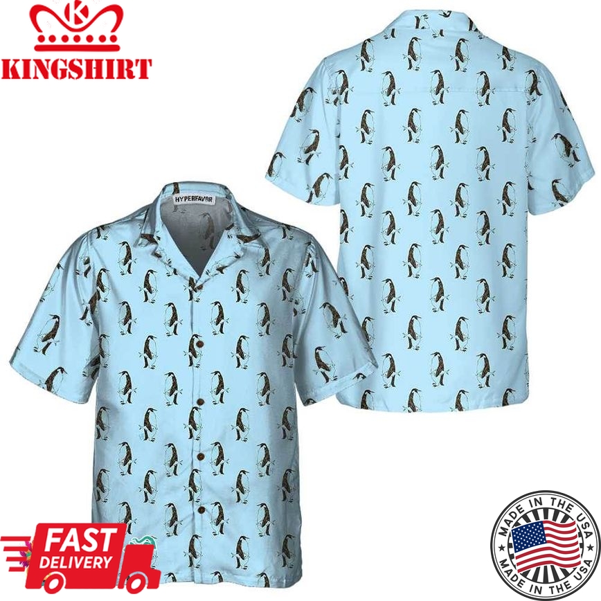 Penguin And Fish Seamless Pattern Hawaiian Shirt, Cool Penguin Shirt For Men, Penguin Themed Gift Idea