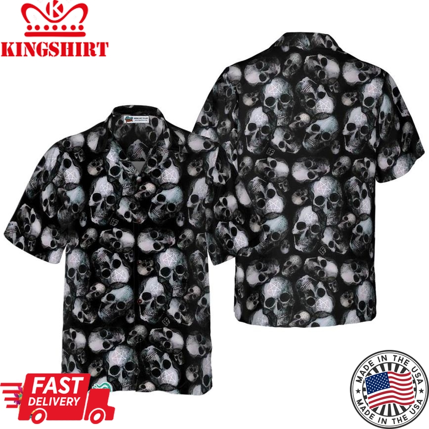 Pentagram Gothic Skull Hawaiian Shirt For Men, Black Skull Pattern All Over Print Hawaiian Shirt