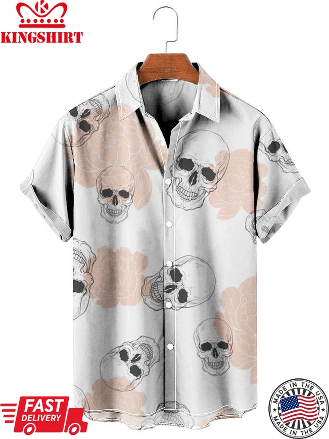 Peony And Skull Print Short Sleeve Summer Hawaiian Shirt