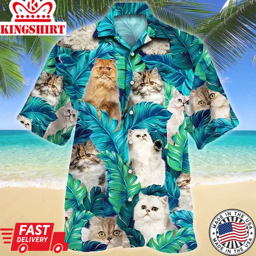 Persian Cat Lovers Gift Blue And Green Tropical Leave Trendy Hawaiian Shirt