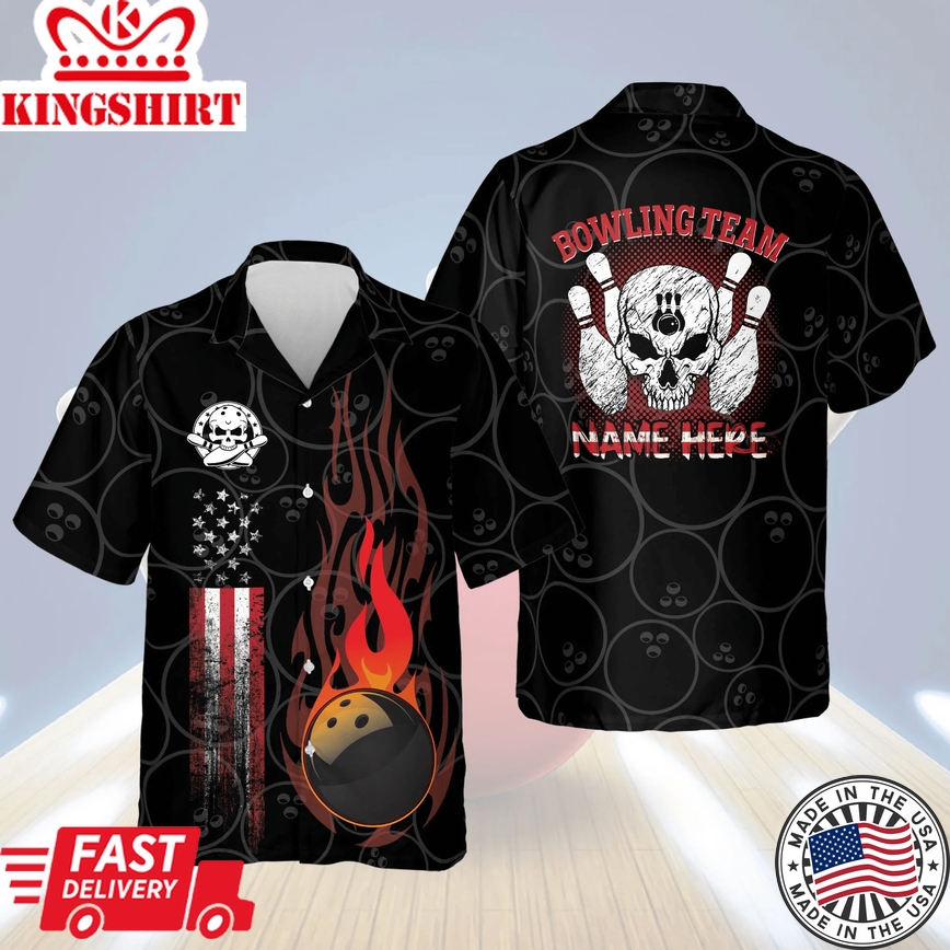 Personalized Bowling Trendy Hawaiian Shirt For Men, Funny Flame Skull Bowling Team