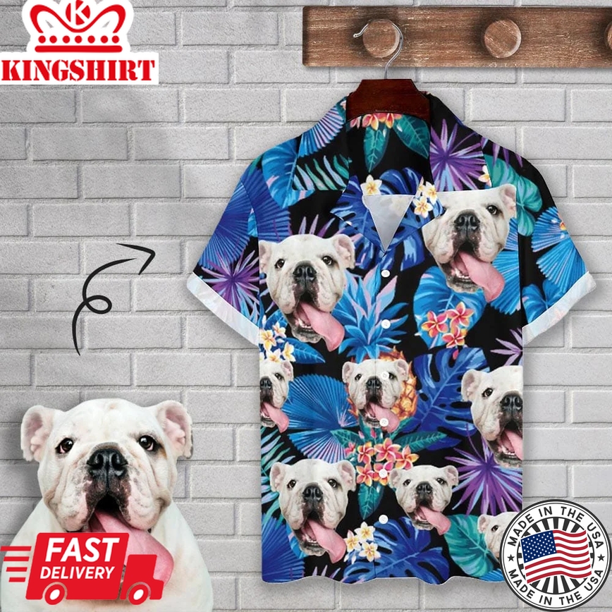 Personalized Cuban Collar Shirt With Dog Face Blue Leaves Create Your Own Trendy Hawaiian Shirt For Husband Or Boyfriend