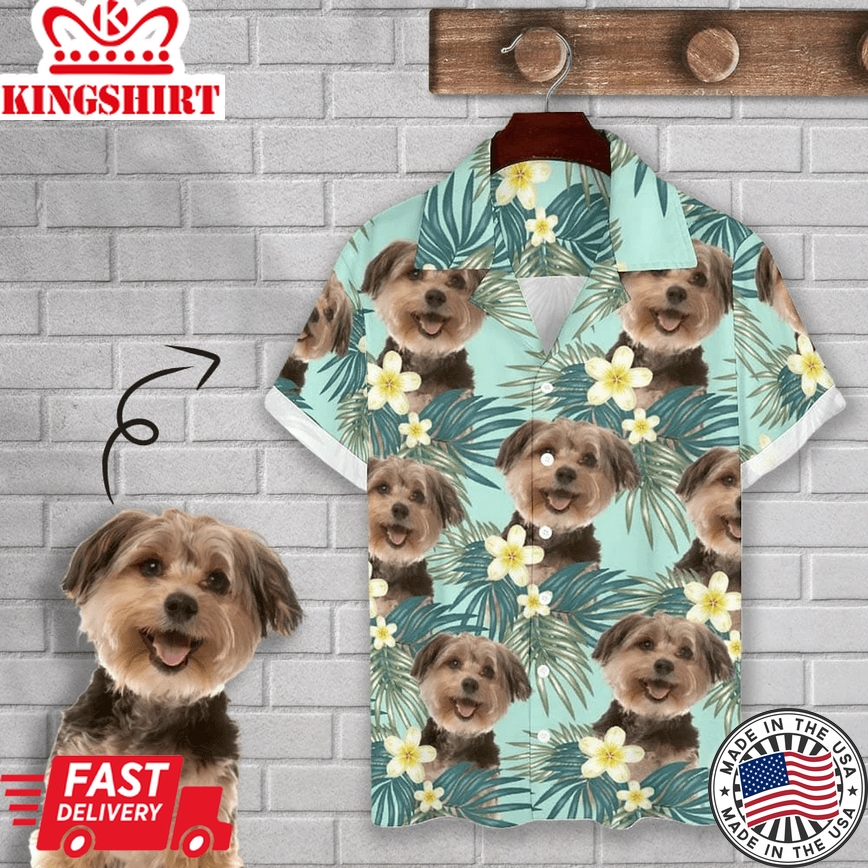 Personalized Cuban Collar Shirt With Dog Face Green Leaves Create Your Own Trendy Hawaiian Shirt For Husband Or Boyfriend