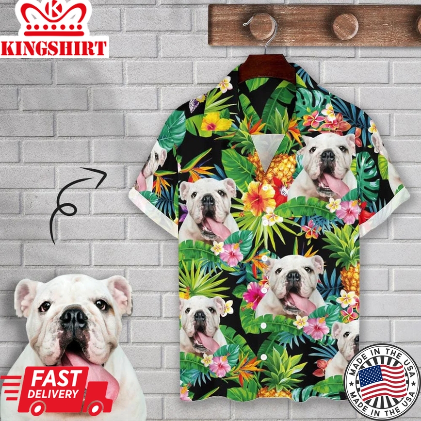 Personalized Cuban Collar Shirt With Dog Face Pineapple Leaves Create Your Own Trendy Hawaiian Shirt For Husband Or Boyfriend