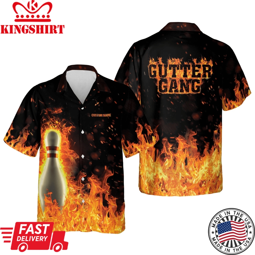 Personalized Flame Hawaiian Bowling Gutter Gang Shirts For Men, Bowling Team Shirt, Bowling Gift