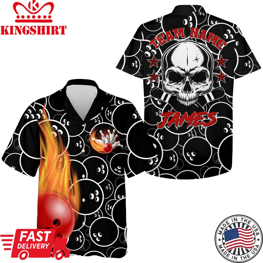 Personalized Flame Hawaiian Bowling Shirt, Men Women Skull Pins Black Bowlers Short Sleeve Jersey