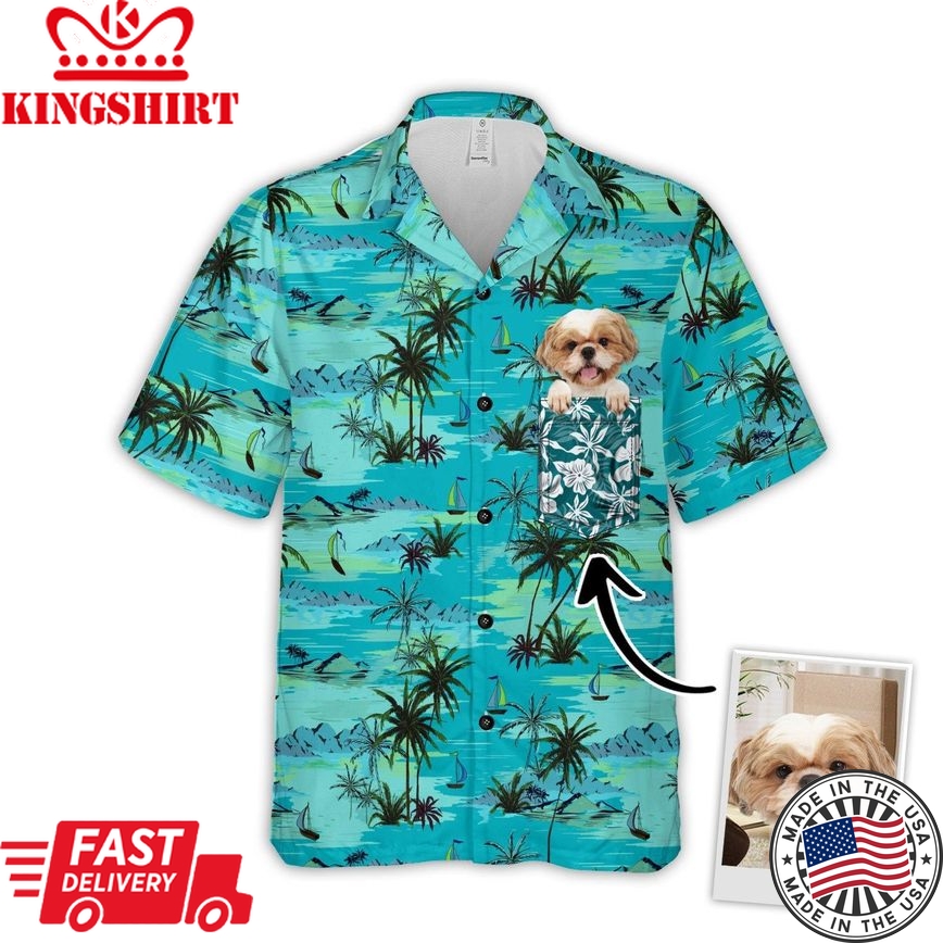 Personalized Gift For Pet Lovers Palm Tree, Beach & Ocean Pattern Turquoise Color Hawaiian Shirt