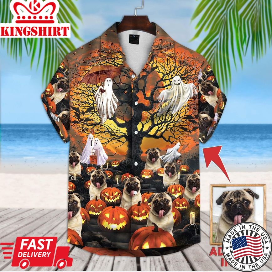 Personalized Gift For Pet Lovers Pumpkin & Ghost Pattern Orange Color Hawaiian Shirt