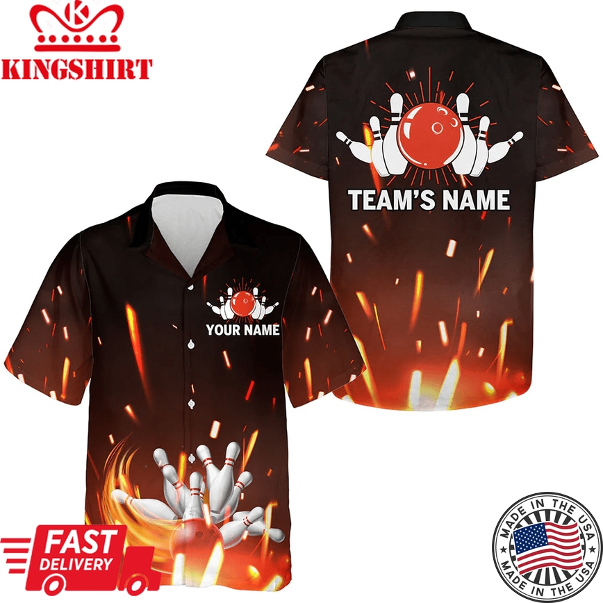 Personalized Hawaiian Bowling Shirt Flame, Bowling Ball And Pins Short Sleeve Team Bowlers Jersey