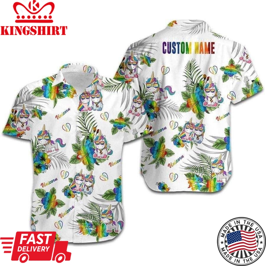 Personalized Lgbt Unicorn Hawaiian Shirt, Hibiscus Custom Name Hawaiian Shirt