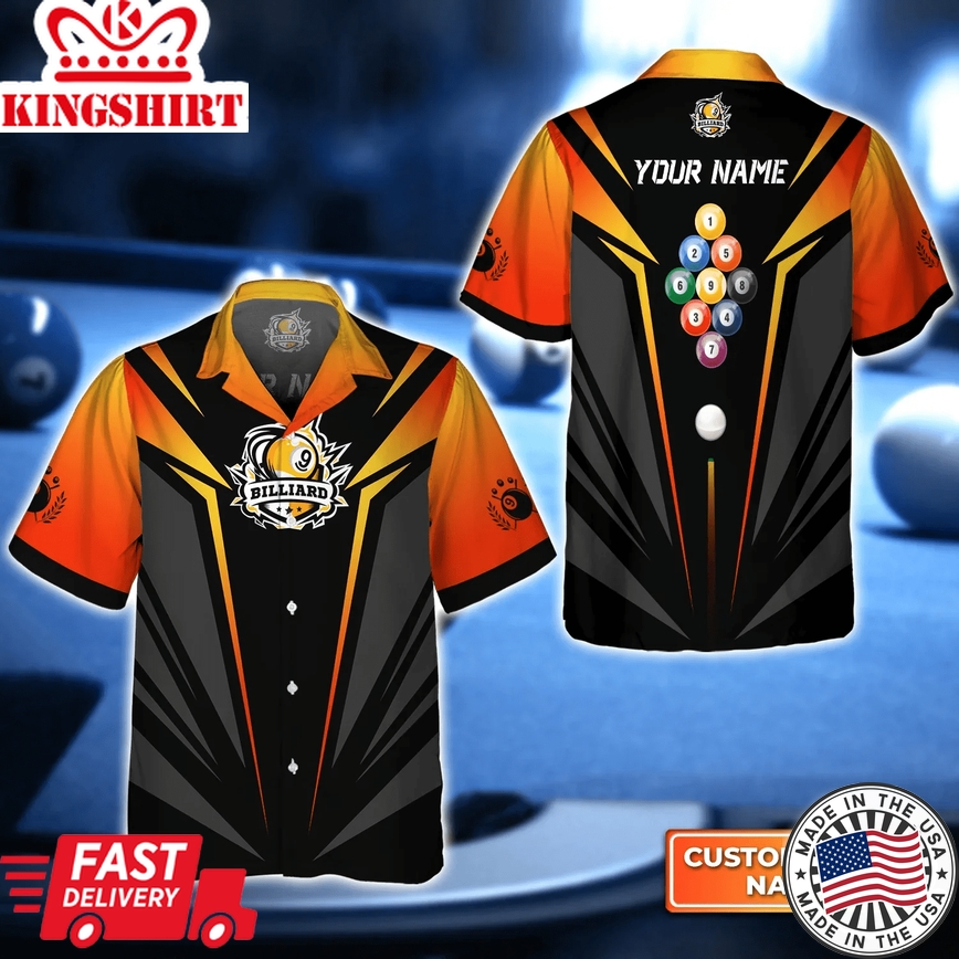 Personalized Name Billiard Pool Nine-Ball In Orange 3D Trendy Hawaiian Shirt, Gift For Billiard Players