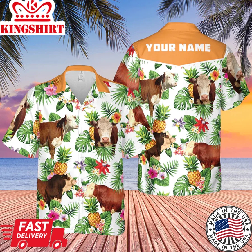 Personalized Name Hereford Cattle Pineapples All Over Printed 3D Trendy Hawaiian Shirt