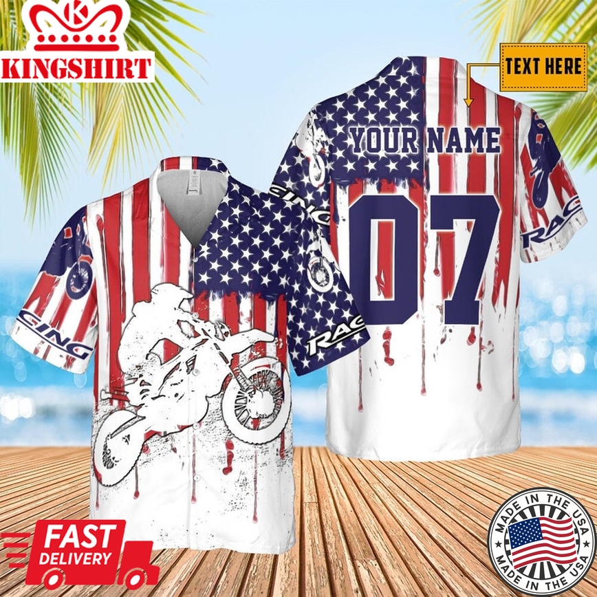 Personalized Patriotic Motocross Off-Road Trendy Hawaiian Shirt, American Riding Shirt