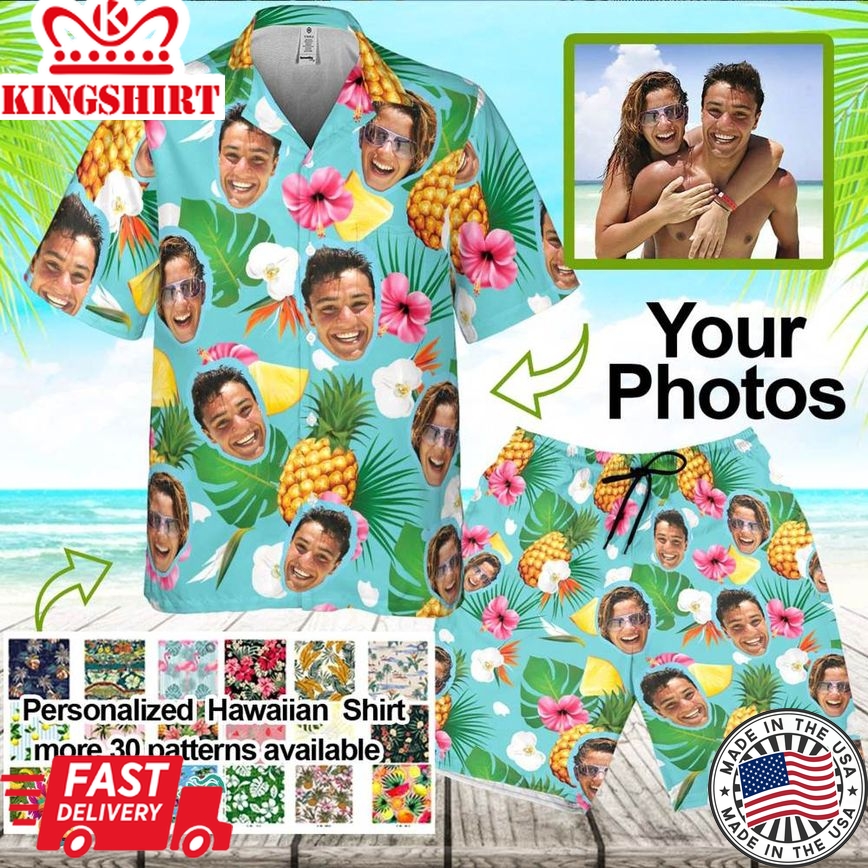 Personalized Photo Hawaiian Set Custom Face Hawaiian Set Tropical Pineapple Flamingo Shirt For Men Birthday Hawaiian Set Gift