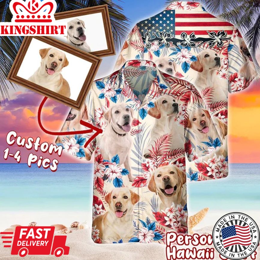 Personalized Photos For Dog Lovers United States Flag Flowers All Over Printed 3D Hawaiian Shirt