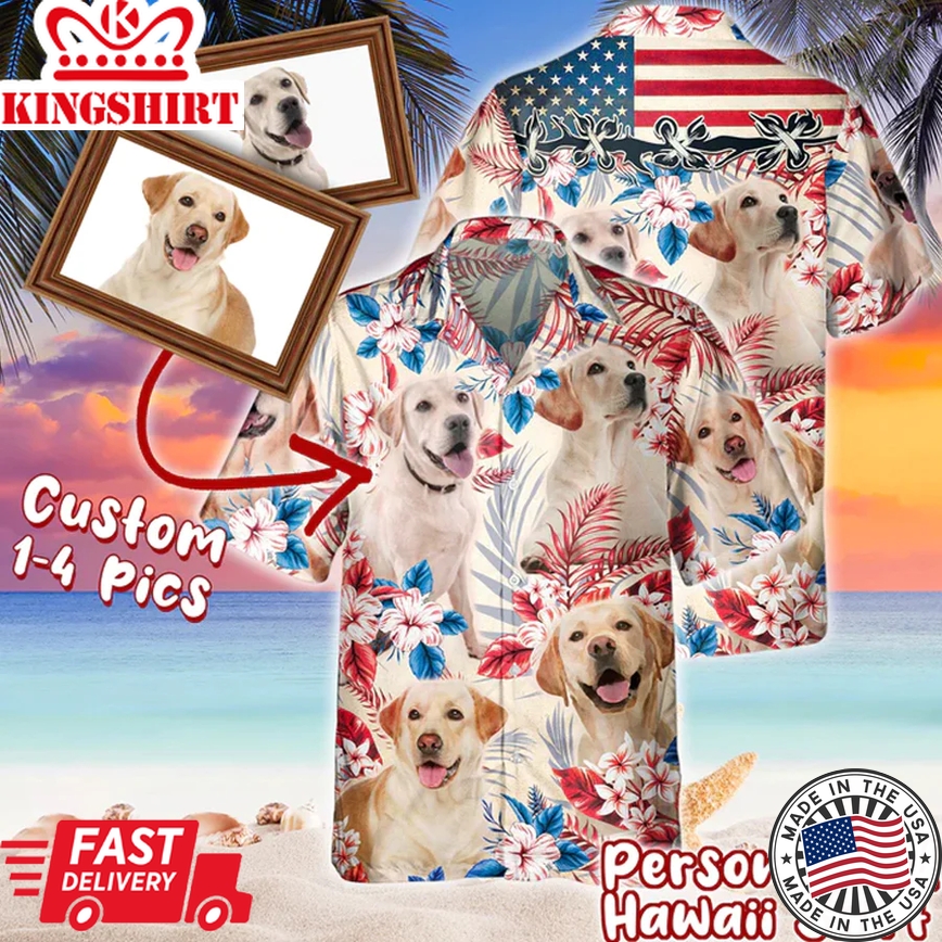 Personalized Photos For Dog Lovers United States Flag Flowers All Over Printed 3D Trendy Hawaiian Shirt