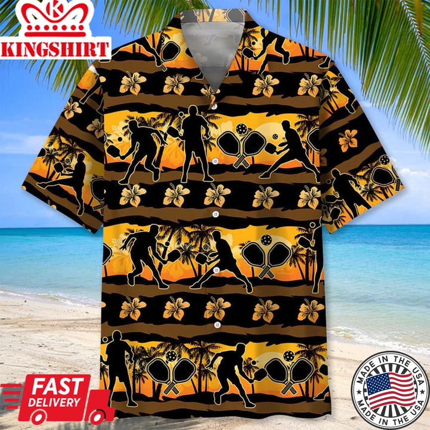 Pickleball Beach Trendy Hawaiian Shirt, Short Sleeve Summer Vacation Beach Shirts For Men